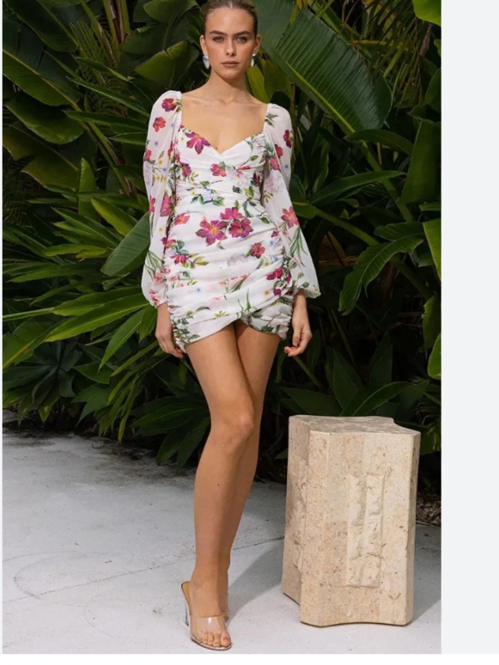Floral Sweetheart Ruched Mini Dress in White and Pink